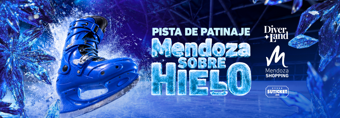 Banner with purple background showing text: TOBOGAN DE HIELO EN EL ABASTO SHOPPING next to white ice skates on the right